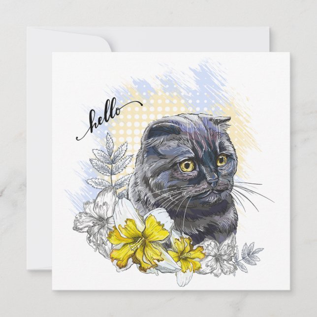 Carte Dessin à la main drôle Chat noir britannique avec  (Devant)