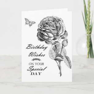 Carte Dessin de rose fleur noir blanc vintage Anniversai