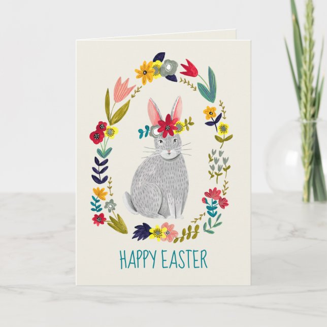 Carte Dessin floral gris lapin de Pâques (Devant)