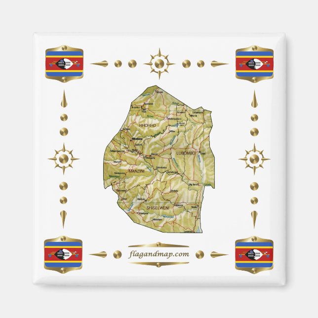 Carte d'Eswatini + Magnet des drapeaux (Devant)