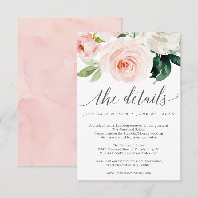 Carte Détails du Mariage Blushing Blooms (Devant / Derrière)