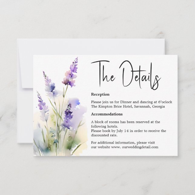 Carte Détails du Mariage d'aquarelle Lavender (Devant)