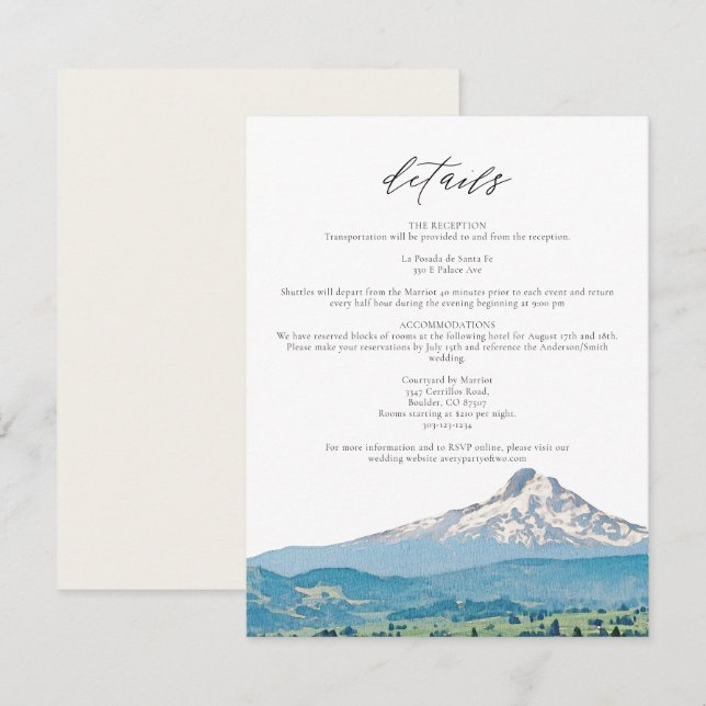 Carte Détails du Mariage d'aquarelle MOUNT HOOD (Devant / Derrière)