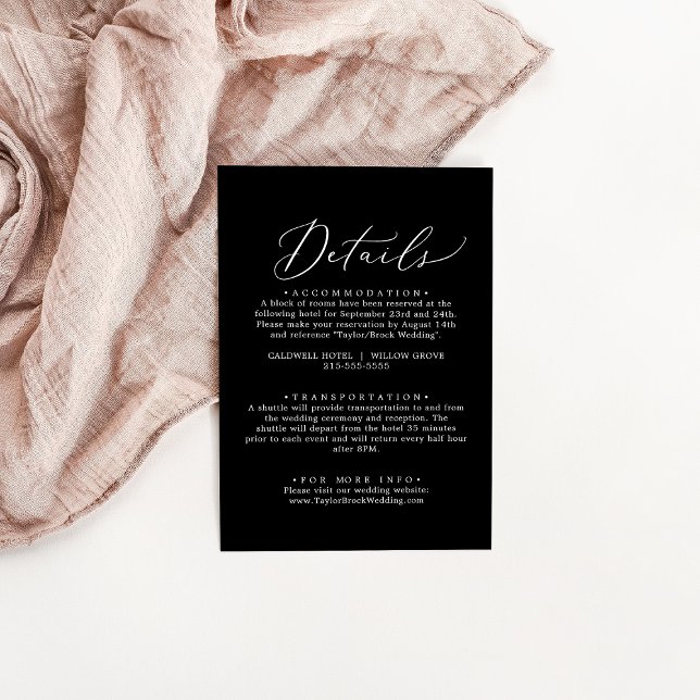 Carte Détails du Mariage de do-it-yourself noir fo (Delicate Dark Black DIY Wedding Details Card)