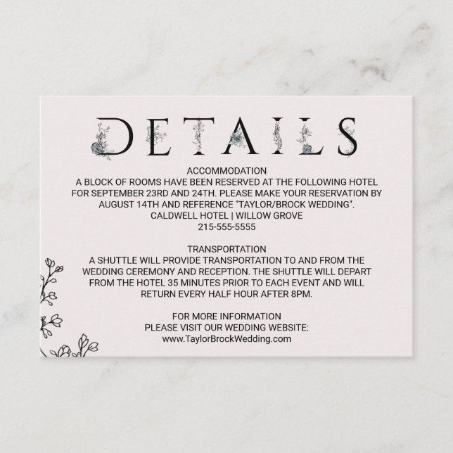 Carte Détails du Mariage de typographie florale (Devant)