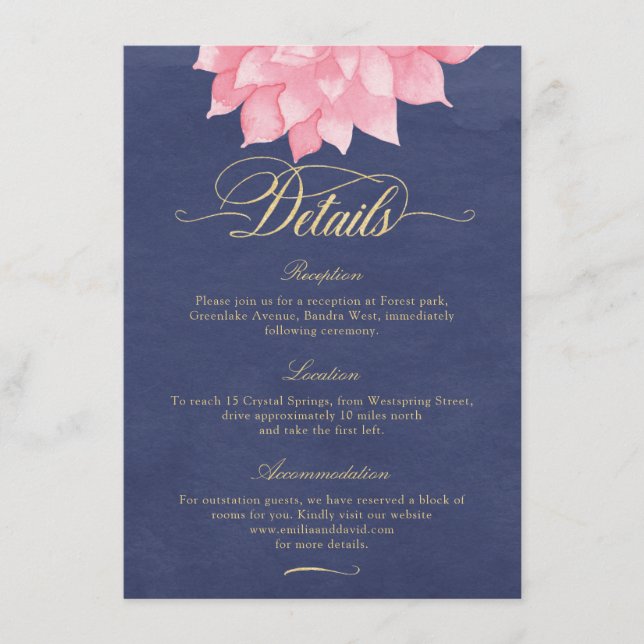 Carte Détails du Mariage Navy Blush Gold Floral Da (Devant)