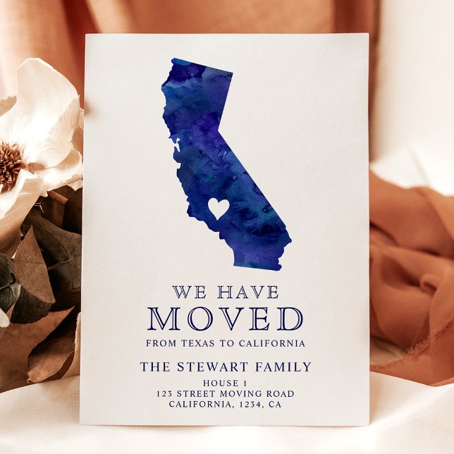 Carte d'état de Californie marine aquarelle maison (California state map navy watercolor home moving announcement postcard)