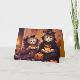Carte Deux chatons en costumes d'Halloween avec des fria