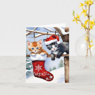 Carte Deux chatons mignons Noël Stocker rouge Casquette 