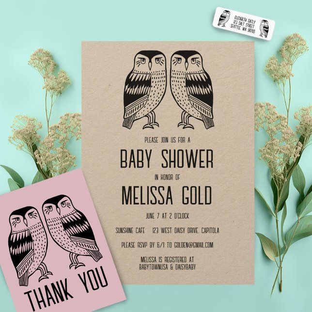 Carte Deux Chouettes Cute Simple Chic Merci PERSONNALISÉ (Twin owls thank you card plus matching baby shower invitations and more )