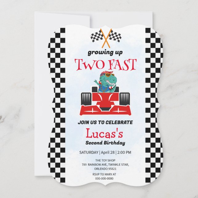 Carte Deux Fast Dinosaur Race Car 2e fête d'anniversaire (Devant)