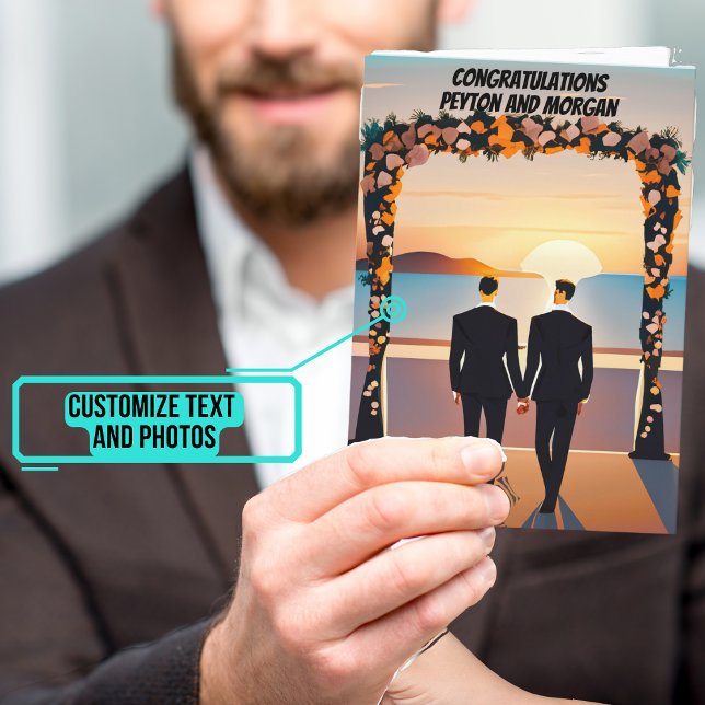 Carte Deux Groom Wedding Day at Sunset Félicitations (This lovely card is for that gay couple who have entered marriage following their joyful engagement.)
