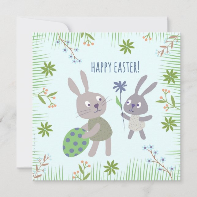Carte Deux lapins de Pâques avec oeuf et fleur. (Devant)