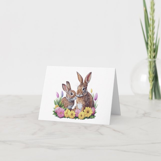 Carte Deux lapins lapins de Pâques avec Fleurs BLANC (Devant)