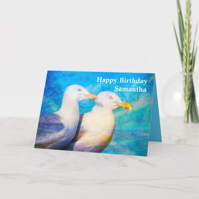 Carte Deux mouettes Aquarelle Nom Joyeux Anniversaire (Devant)