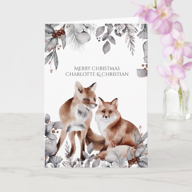 Carte Deux Renards Rouges Noël personnalisé (Orchidée)