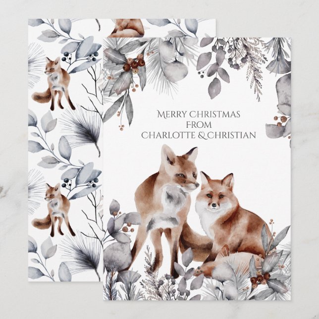 Carte Deux Renards Rouges Noël personnalisé (Devant / Derrière)