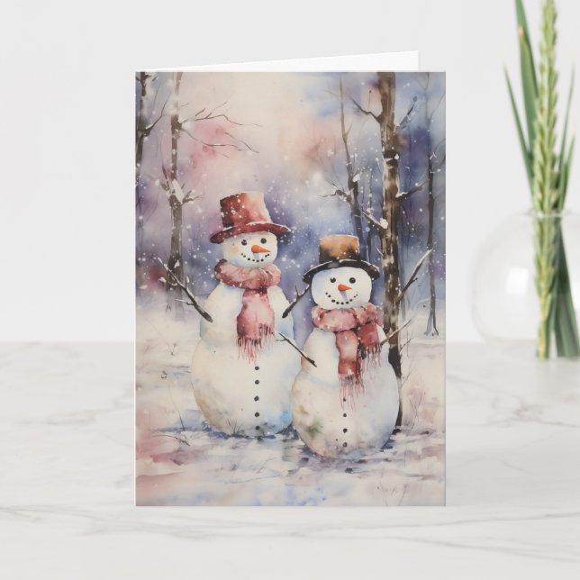 Carte Deux Snowmen en Casquette et Écarts voeux de Noël (Devant)