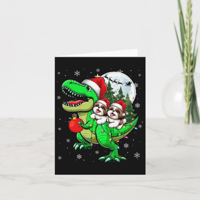 Carte Deux Xmas Shih Tzus Riding T-rex Reindeer Lover Ki (Devant)