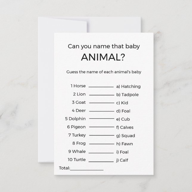Carte devinez le nom du jeu de baby shower animal bébé (Devant)