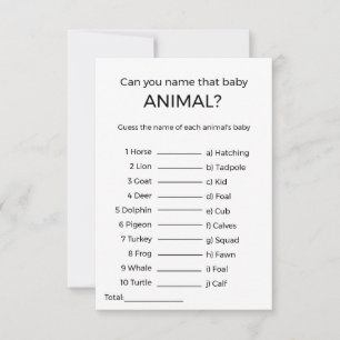 Carte devinez le nom du jeu de baby shower animal bébé