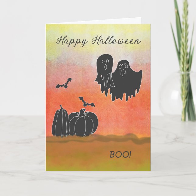 Carte d'Halloween avec Fantômes noirs et Citrouill (Devant)