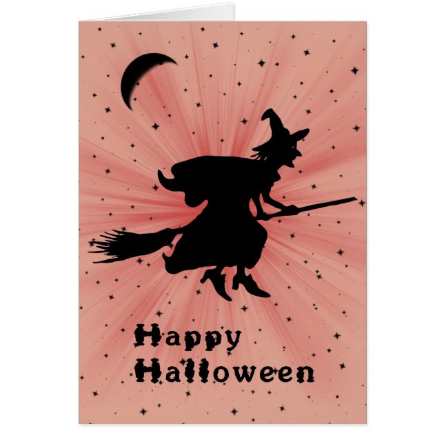 Carte d'Halloween avec sorcière sur une chambre hu (Devant)