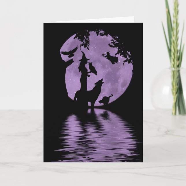 Carte d'Halloween avec sorcières, loup, chats noir (Devant)