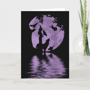 Carte d'Halloween avec sorcières, loup, chats noir