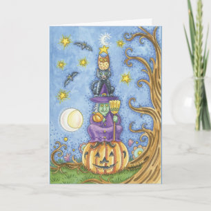 Carte d'Halloween avec totem Witch, cat et owl sit