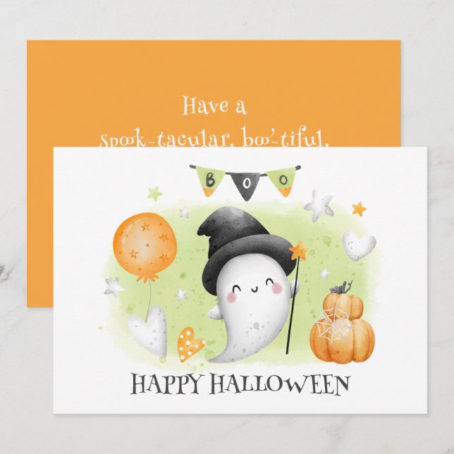 Carte d'Halloween Baby-Ghost petit garçon mignonne (Devant / Derrière)