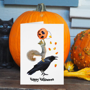 Carte d'Halloween écureuil et corbeau