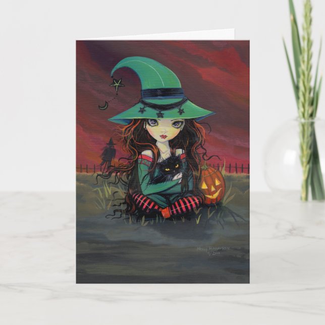 Carte d'Halloween mignonne sorcière et chat noir (Devant)