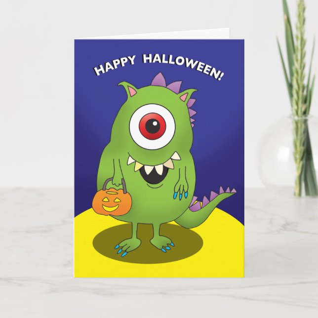 Carte d'Halloween - Monstre aux grands yeux, enfan (Devant)