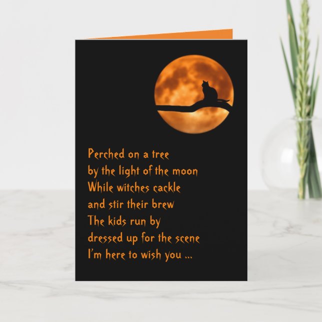 Carte d'Halloween pour amoureux de les chats, poèm (Devant)