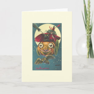 Carte d'Halloween pour sorcière vintage, chat noir