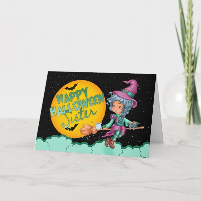 carte d'halloween soeur avec jolie sorcière sur ba (Devant)