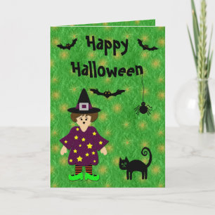 Carte d'Halloween sorcière, chatte, chauve-souris 