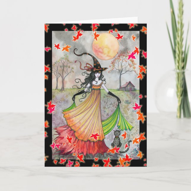 Carte d'Halloween sorcière et chatte amusante (Devant)