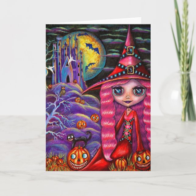 Carte d'Halloween sorcière rose (Devant)