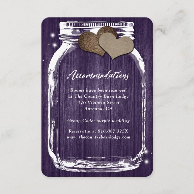 Carte d'hébergement en bois rustique violet Mason  (Devant)
