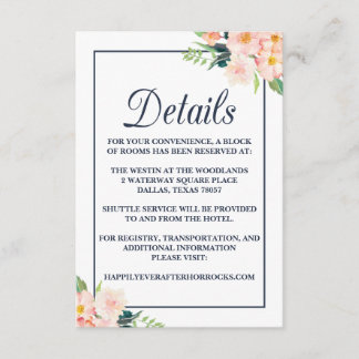 Carte d'hébergement Mariage floral Blush et Navy