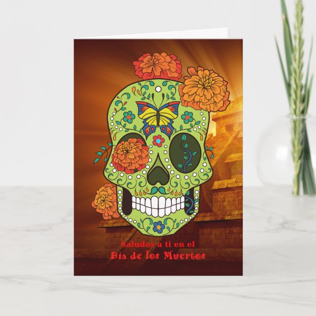 Carte Dia de los Muertos Crâne à sucre, Fleurs en Españo (Devant)