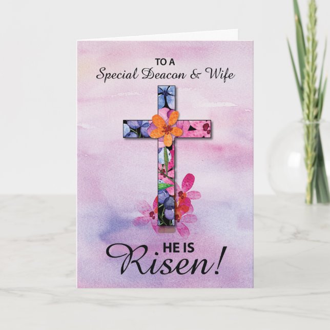 Carte Diacre et femme Pâques Il est ressuscité Fleurs cr (Devant)