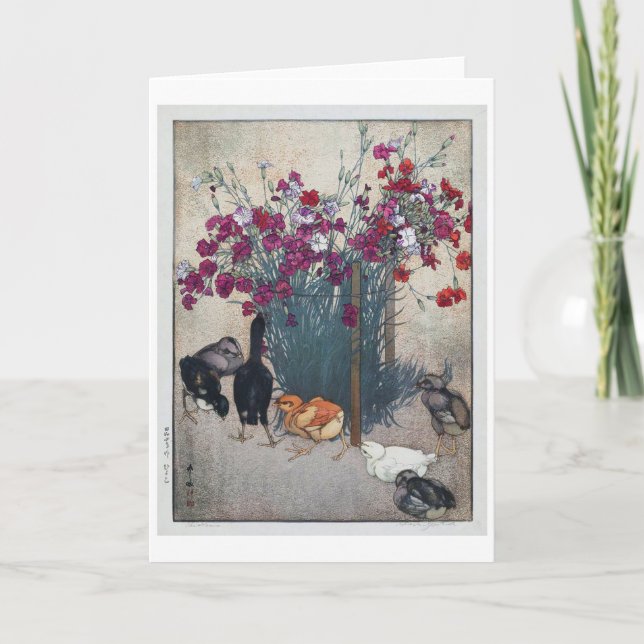 Carte Dianthus & Chicks, Hiroshi Yoshida, Coupe de bois (Devant)