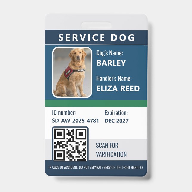 Carte d'identité pour chien de service – Badge de  (Avant)