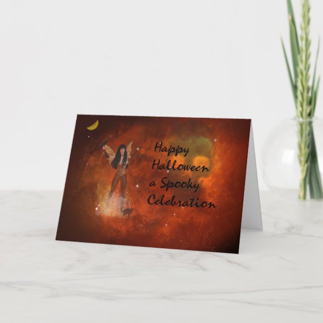 Carte d'Imaginaire Halloween avec Ciel rouge et Fé (Devant)