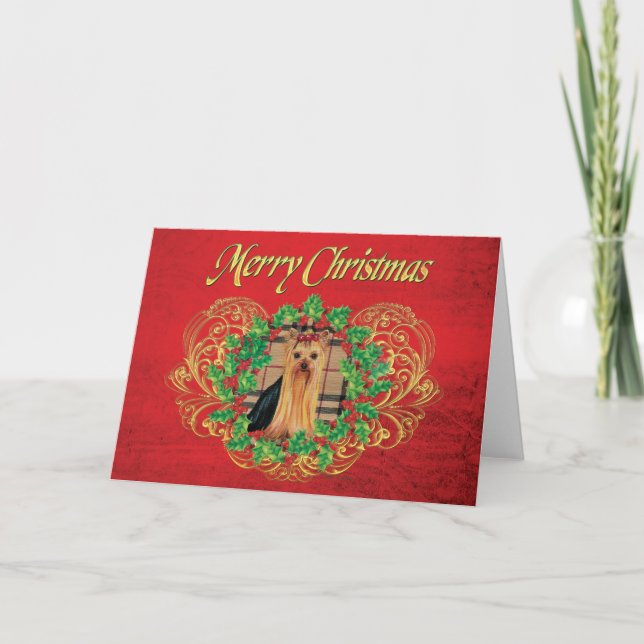 Carte d'impression Yorkie Plaid in Holly Christmas (Devant)