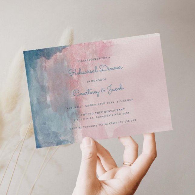 Carte Dîner de répétition à l'aquarelle rose et bleu (Créateur téléchargé)