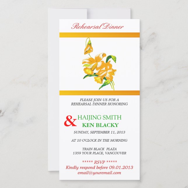 Carte Dîner de répétition des orchidées jaunes Invitatio (Devant)